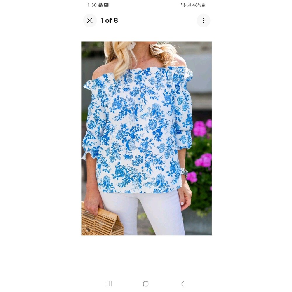 Tuckernuck blue white Marguerite blouse M smocked off shoulder pullover top